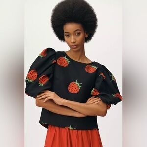 NWT Anthropologie Maeve Size Small Puff-Sleeve Blouse Strawberry Black Red